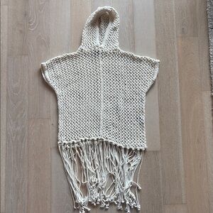 Cream Knit Hooded Poncho with Fringe